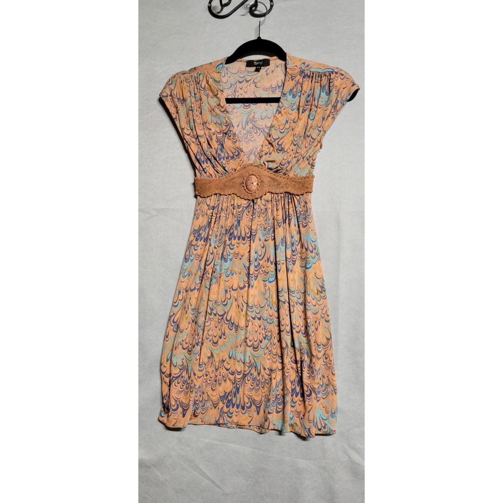 Multicolored Swirl Print W/ Suede Waist Band Short Sky Cap Sleeve Dress Size XS
